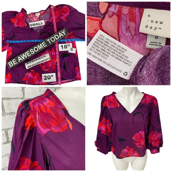 Lot of 2 Womens Tops Small Floral V Neck Poof Sleeve Ruffle Round Purple Red - Picture 8 of 12